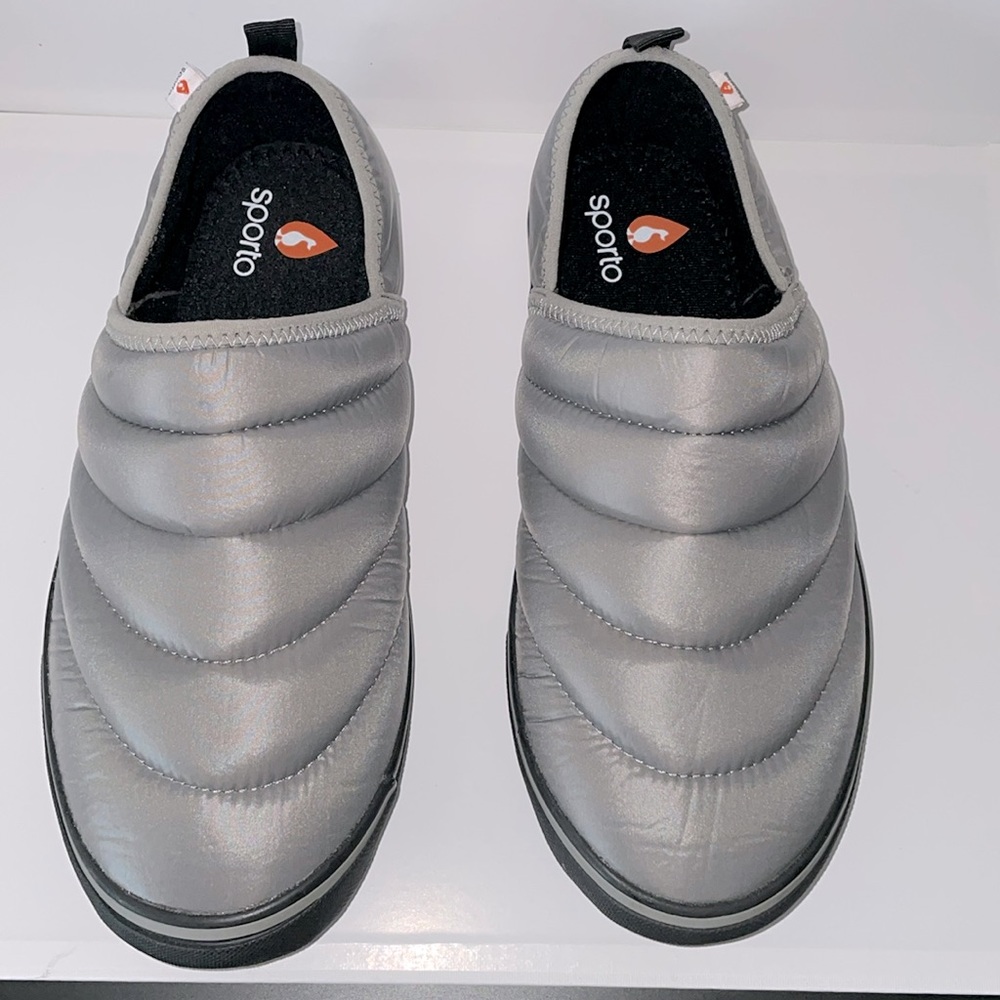 Sporto  Puffer Quilted Vylon slip on sneaker . Pull on tab , and Pewter color.